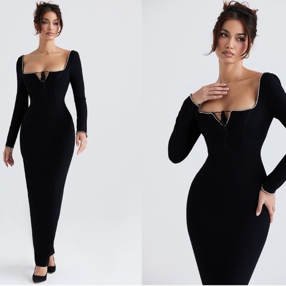 House of CB Rosa Black Crystal Embellished Maxi Dress